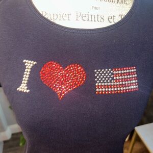 Karen Scott Navy Blue Tee with Heart and Flag Design